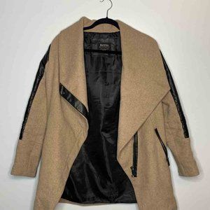 Bershka Beige Pea Coat  w/ Black Leather Trimming